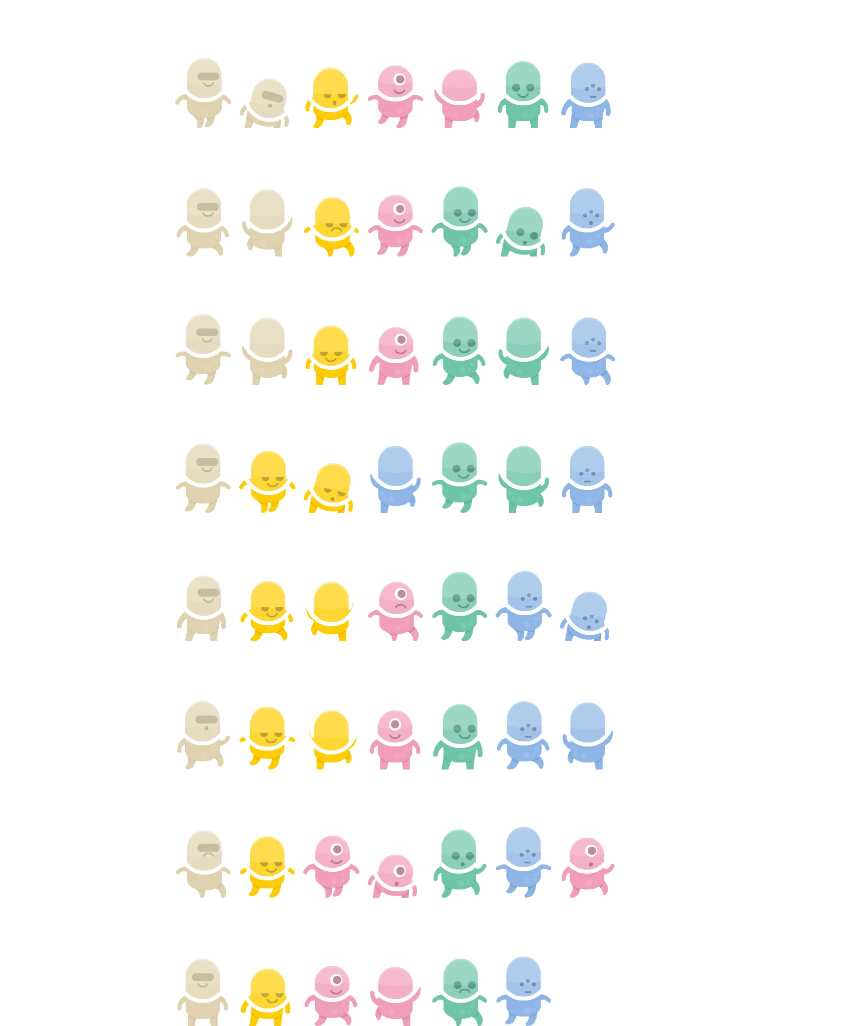 A spritesheet showing different aliens in different poses