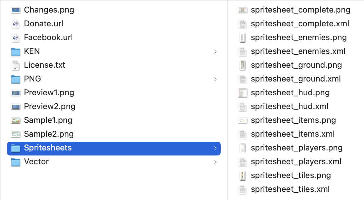 A screenshot of the Spritesheets folder